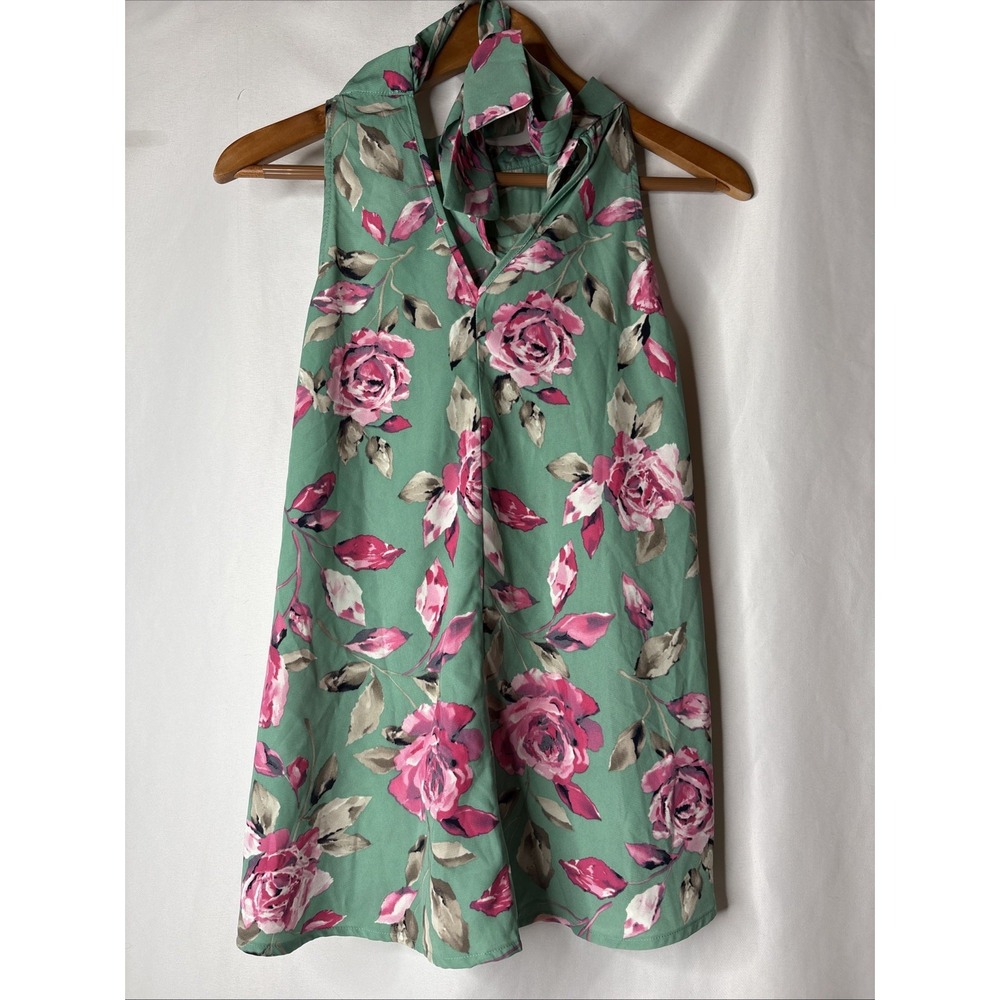 Pink Lily Mint Green Floral Rose Halter Neck Blouse Top Size Small Garden Party